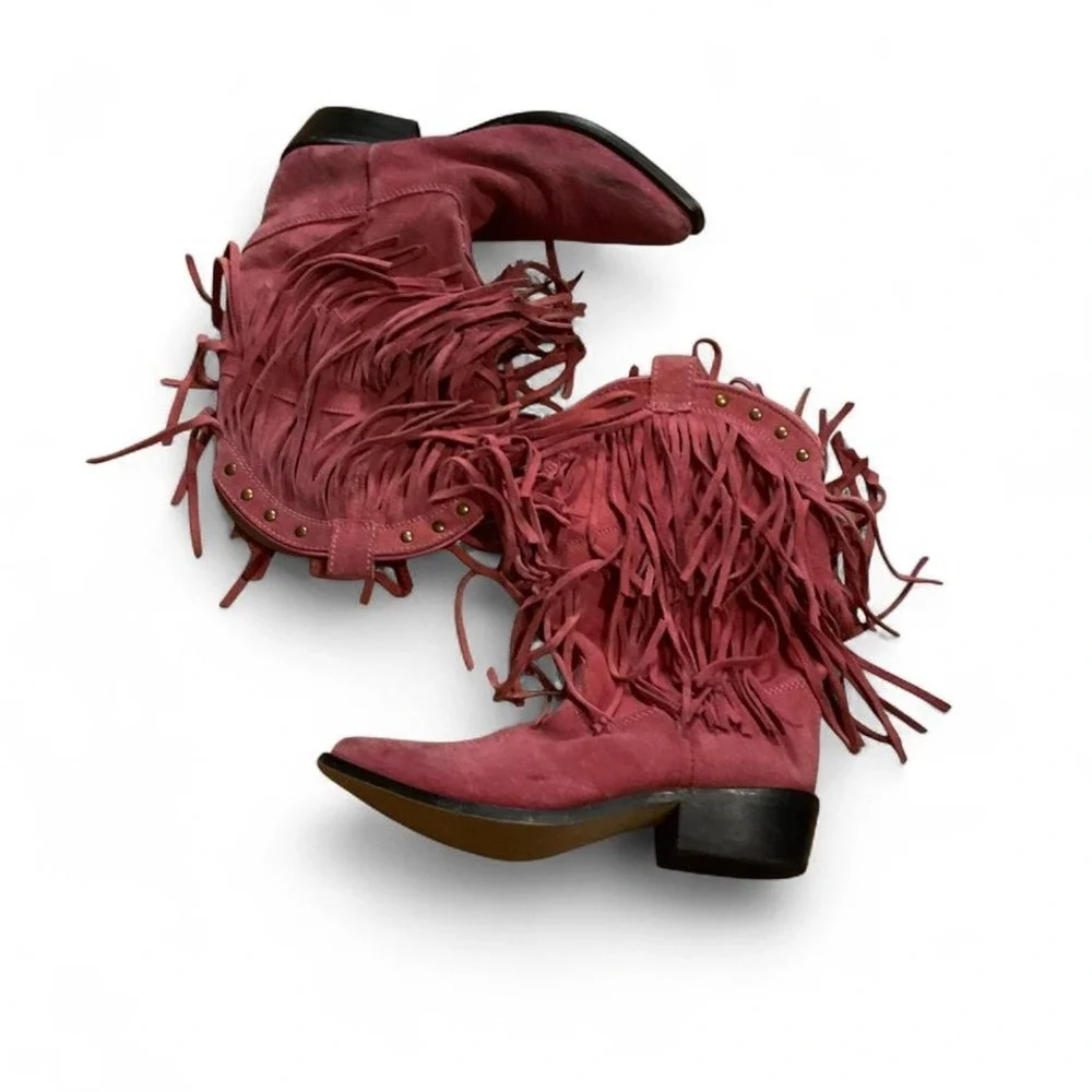 Pink fringe suede leather cowgirl festival western‎ boots